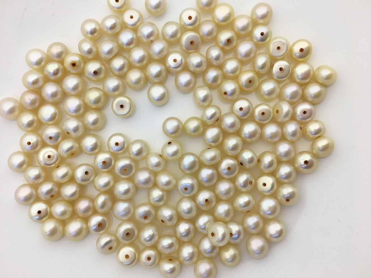 20pcs AAA 7-7.5mm light yellow button round freshwater pearl,half drilled,BTN7-T5