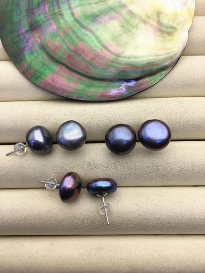 AA+ 13-14mm big black blue button round Pearl Stud Earrings,freshwater pearl earrings,Wedding,classic pearl studs,SE1-069-34