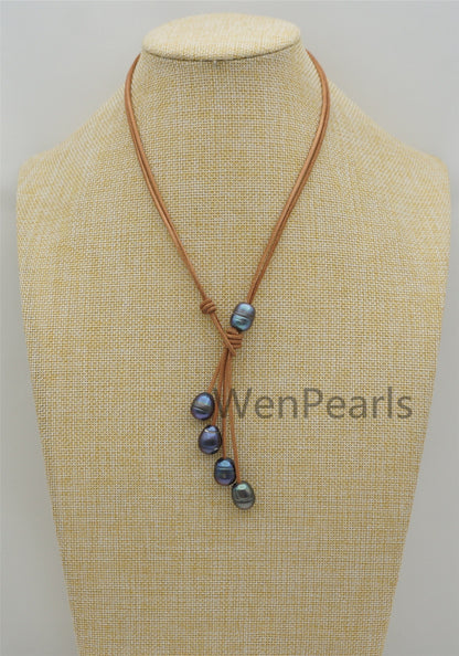 Big Deep Blue Drop Pearl Leather necklace, Black Freshwater pearl, Birthday,Black Leather Pearl necklace,Select leather color,Le4-068