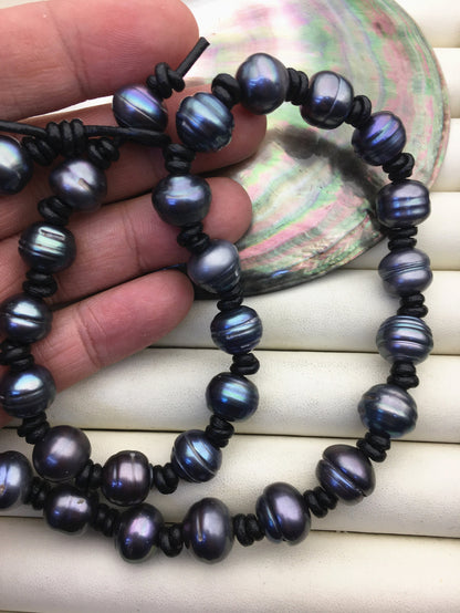 12mm big deep blue Pearl and leather necklace,Genuine Freshwater Pearl Necklace,white pearl necklace,wholesale,Le4-078