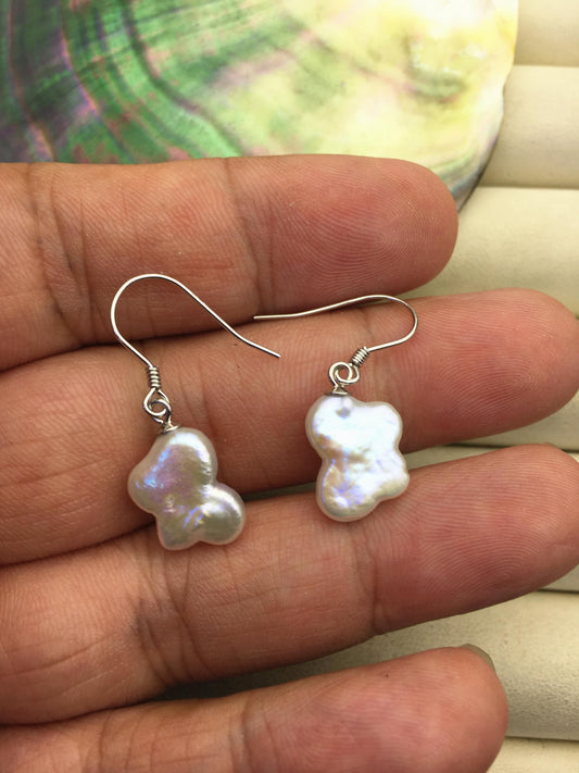 AAA 11-12mm white Butterfly pearl dange earrings,sterling silver,earring with white baroque Natural Pearl,SE3-T7