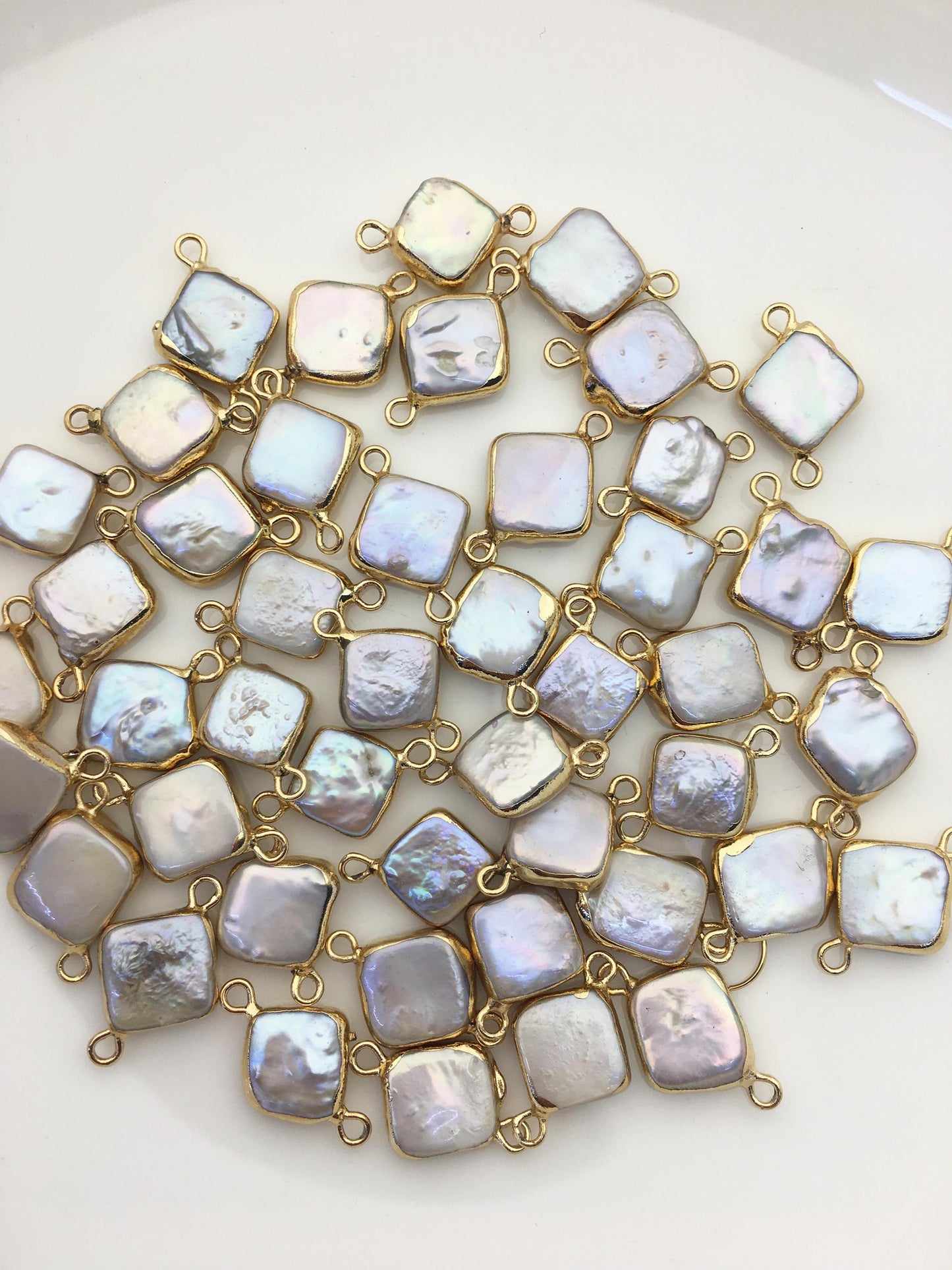 10pcs AA+ 11-12mm White Block Pearl Pendant with Gold Electroplated Edge for make Earrings bracelet necklace,wen pearl,EDG-013
