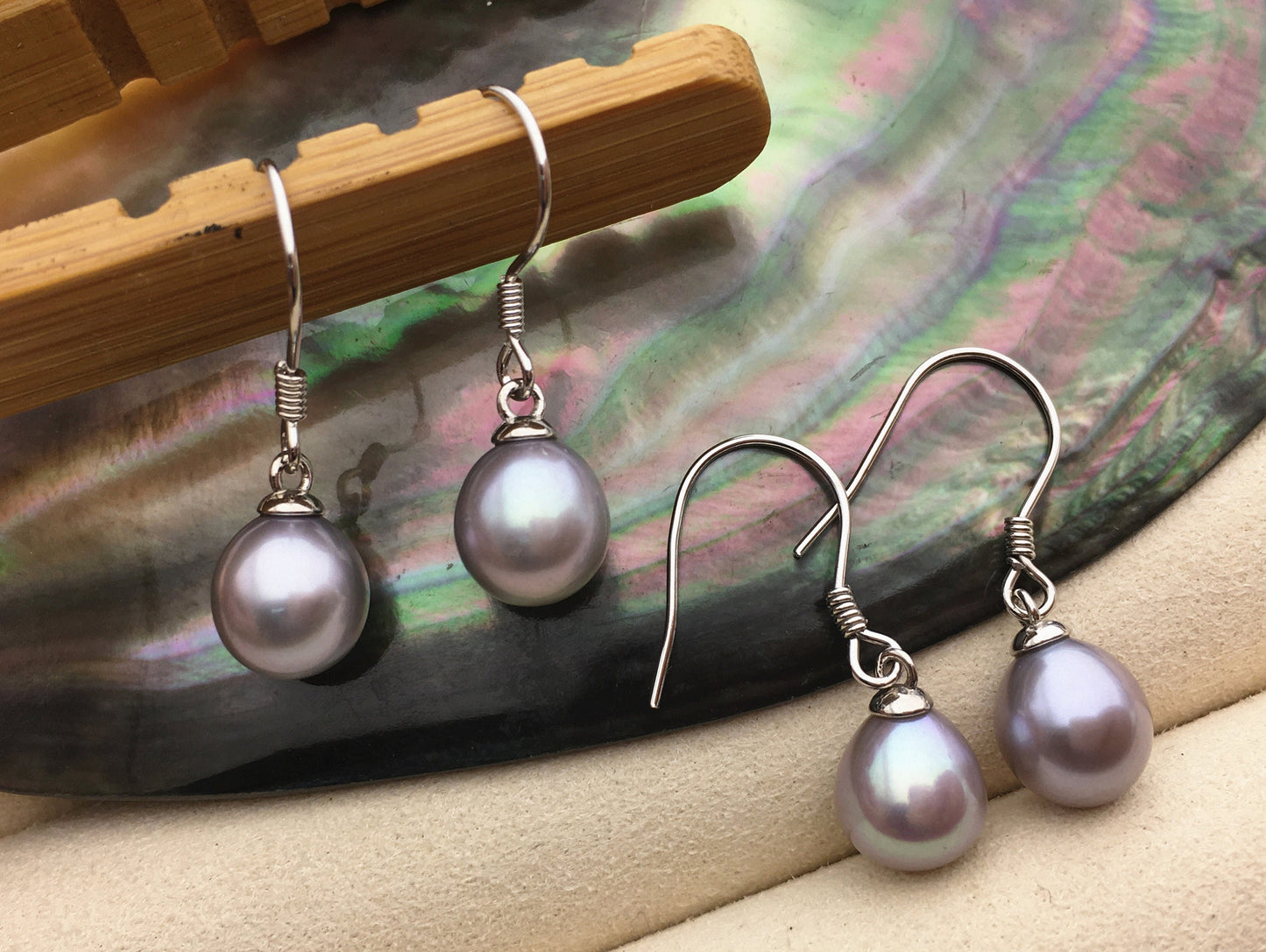 AAA 7.5-8mm white/purple/gray rice freshwater pearl dangle earrings,S925 Sterling Sliver pearl earrings,pearl for women,SE3-110