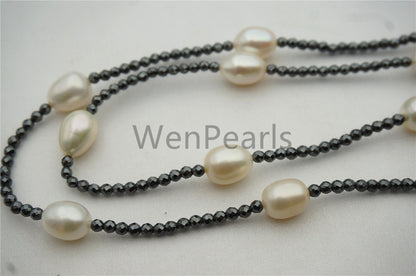 White Rice pearl Necklace - AAA rice pearl - Hematite pearl necklace - Select Length - TN1-002
