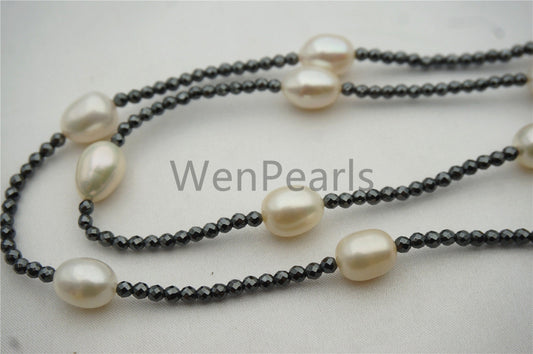 White Rice pearl Necklace - AAA rice pearl - Hematite pearl necklace - Select Length - TN1-002
