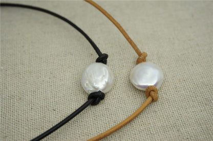 Big Coin pearl,12-14mm,Leather Pearl Choker, Pearl Leather Necklace, White Freshwater pearl,Black Leather Pearl necklace,Le1-066