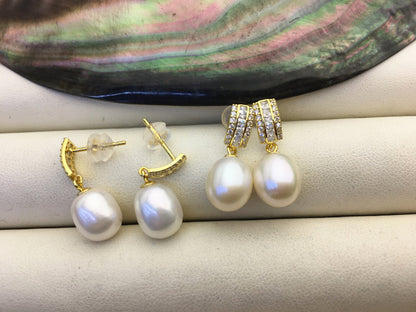 AAA 9mm White rice pearl cz stud earrings,S925 Sterling Sliver pearl earrings,pearl for women for girl,SE3-018