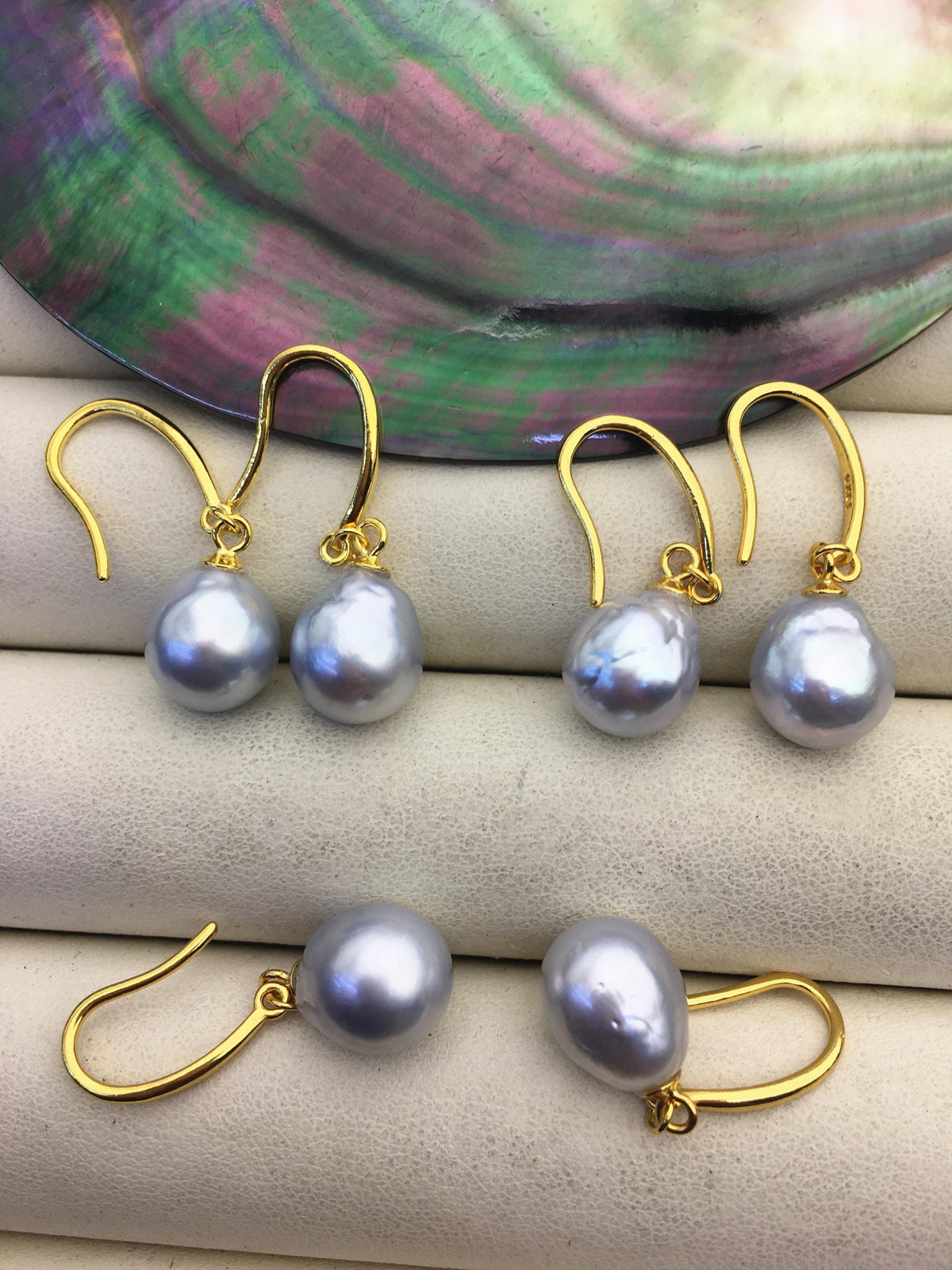 1 pair AA+ 9-10mm Silver Gray South Sea drop pearl Gold dangling earrings,SE3-109-5