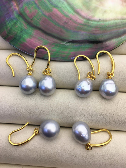 1 pair AA+ 9-10mm Silver Gray South Sea drop pearl Gold dangling earrings,SE3-109-5