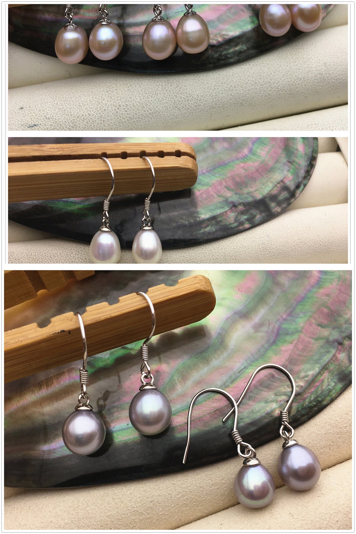 AAA 7.5-8mm white/purple/gray rice freshwater pearl dangle earrings,S925 Sterling Sliver pearl earrings,pearl for women,SE3-110