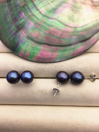 1 pair AA+ 9-10mm black round edison pearl stud earrings,S925 Sterling Sliver stud earrings,wedding pearl earrings,SE3-T9-59