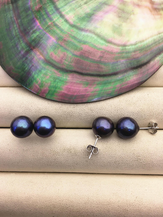 1 pair AA+ 9-10mm black round edison pearl stud earrings,S925 Sterling Sliver stud earrings,wedding pearl earrings,SE3-T9-59