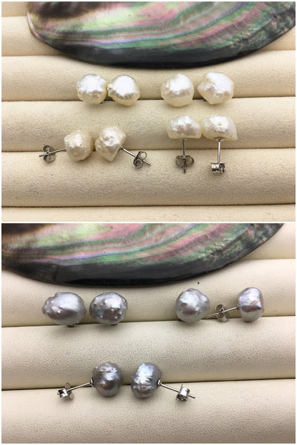 Rare!10-11mm White/Gray Natural Rare Rosebud Freshwater Pearl Stud Earrings,thorn pearl,SE3-067
