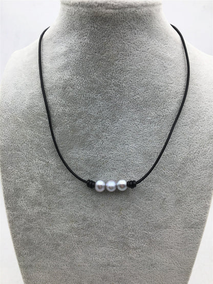 3 gray pearl Leather Pearls choker necklace- near round pearl - Genuine freshwater pearl - Brown Tan Real leather - Le5-042