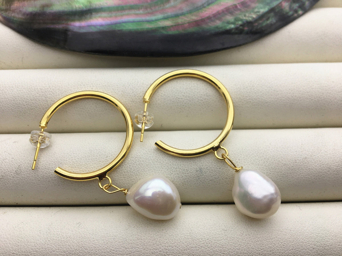 Big Hoop 11mm White nugget pearl stud earrings,wedding pearl earrings,SE3-131-49