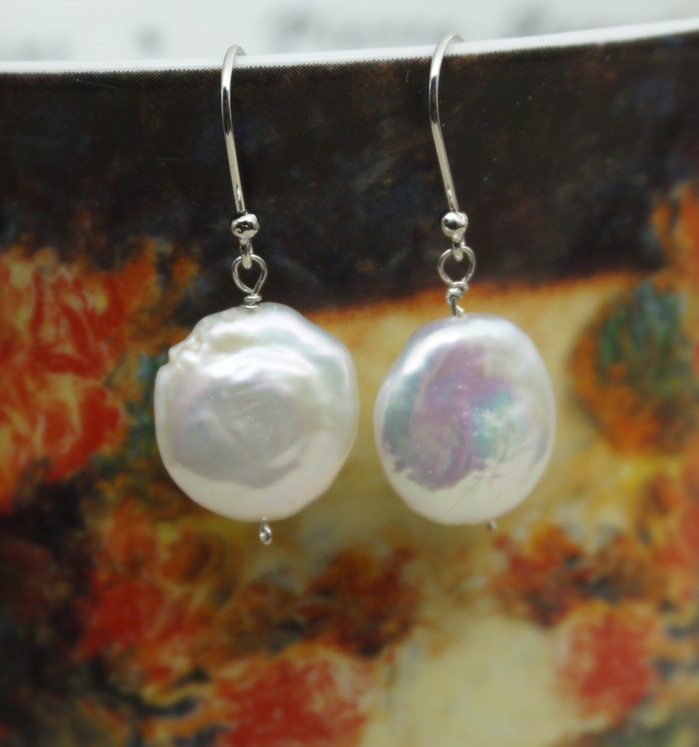 AAA White Coin Pearl Dangle Earrings- S925 silver pearl dangle earrings,SE3-105