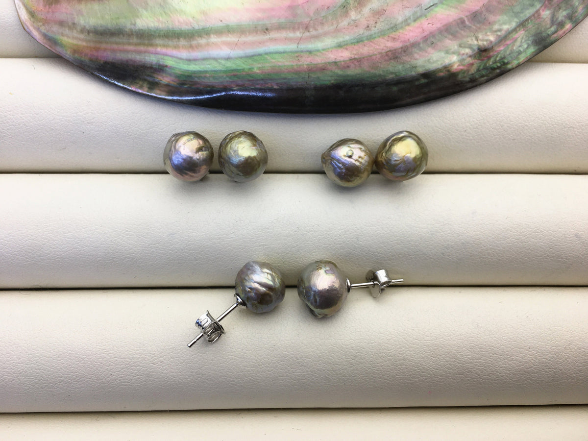 2 pairs AA+ 9-10mm gray baroque near round edison pearl stud earrings,S925 Sterling Sliver stud earrings,SE3-T68