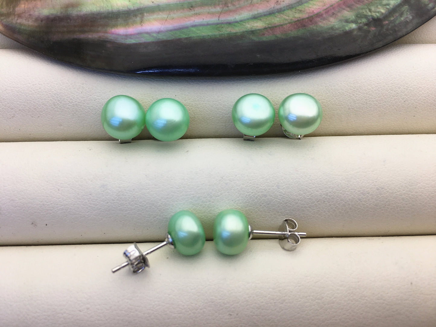 AAA 8-8.5mm Green Pearl earrings,Sterling Silver,Peacock Green Fresh Water Pearl Studs,Green pearl earring,SE1-T8
