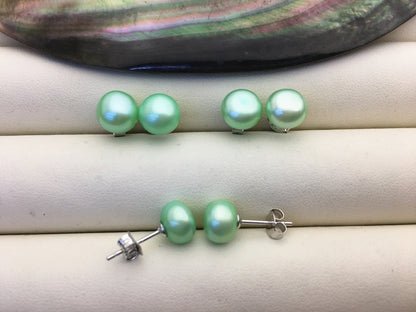 AAA 8-8.5mm Green Pearl earrings,Sterling Silver,Peacock Green Fresh Water Pearl Studs,Green pearl earring,SE1-T8