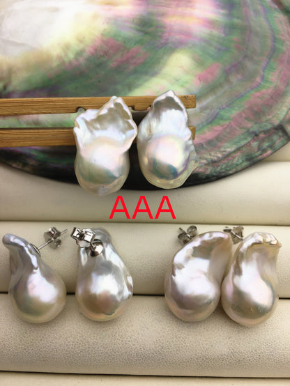 1 pair AAA/AA 14-17mmx20-28mm flame ball pearl stud earrings,sterling silver,earring with white baroque Natural Pearl,SE3-031-1