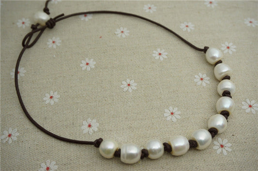 Big rice pearl necklace,whitefreshwater pearl necklace,Leather Pearl Necklace, Pearl Leather Necklace,White Leather Pearl necklace,Le1-096