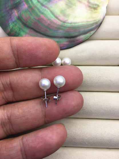 AA+ 7-7.5mm white round freshwater pearl stud earrings,sterling silver metal,SE3-004