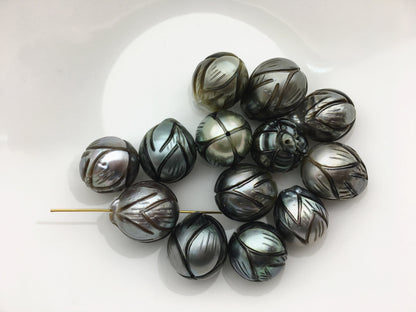 1pc 12-13mm Lotus Flower Carved Tahitian Pearl - Hand Carved - Tattoo Tahitian Pearls, carved pearls, flower designs,CAC-FLW-9-14