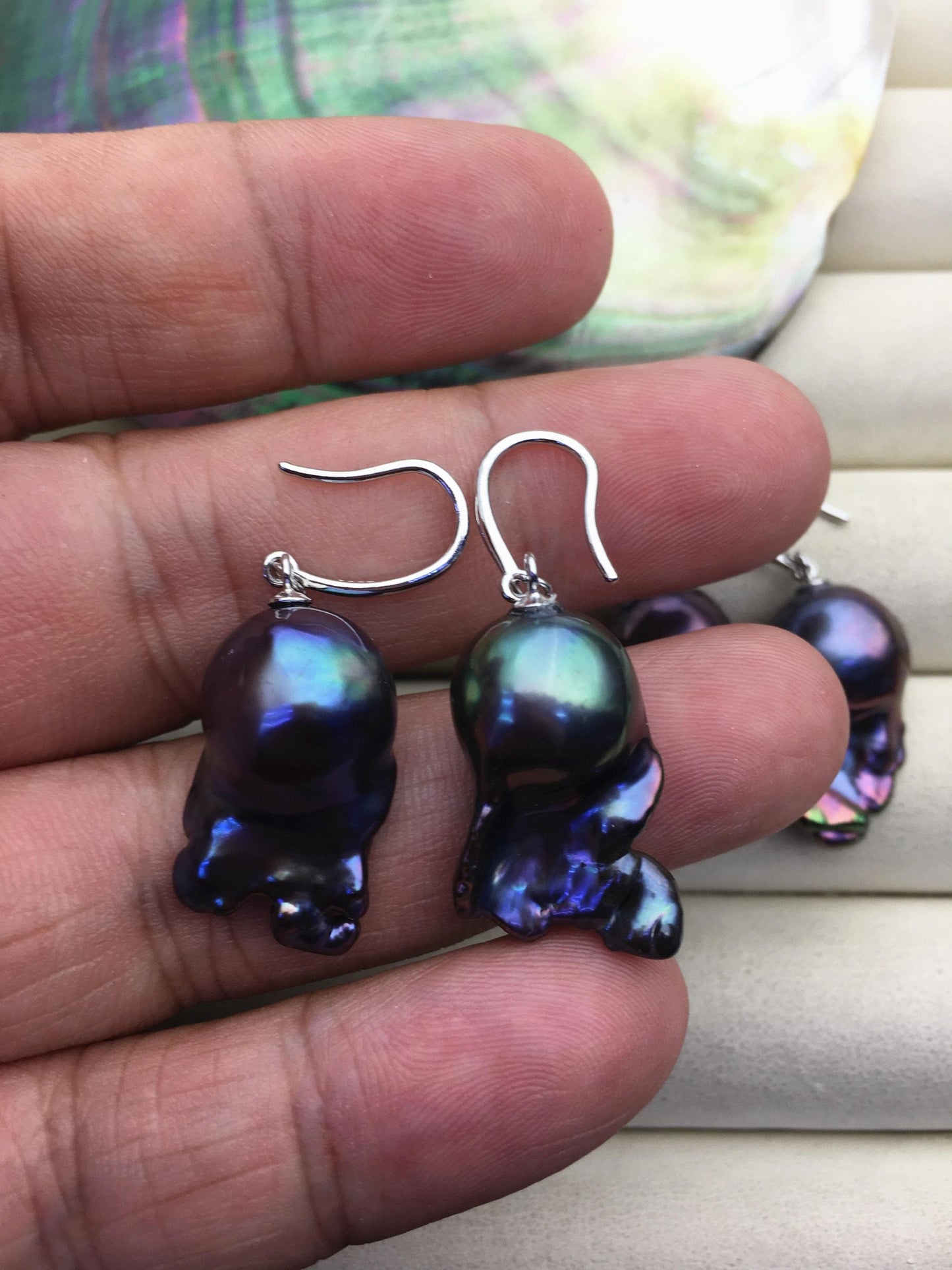 1 pair AAA 12-17mm black rainbow flame ball pearl dangle earrings,SE3-031-28