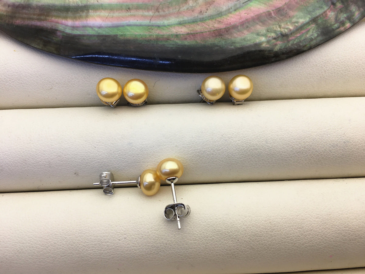 AAA 6mm to 9mm mustard yellow pearl earrings, Fall Fashion,Golden Yellow Freshwater Pearl Studs,Hypoallergenic, Contempo Jewelry,SE1-021