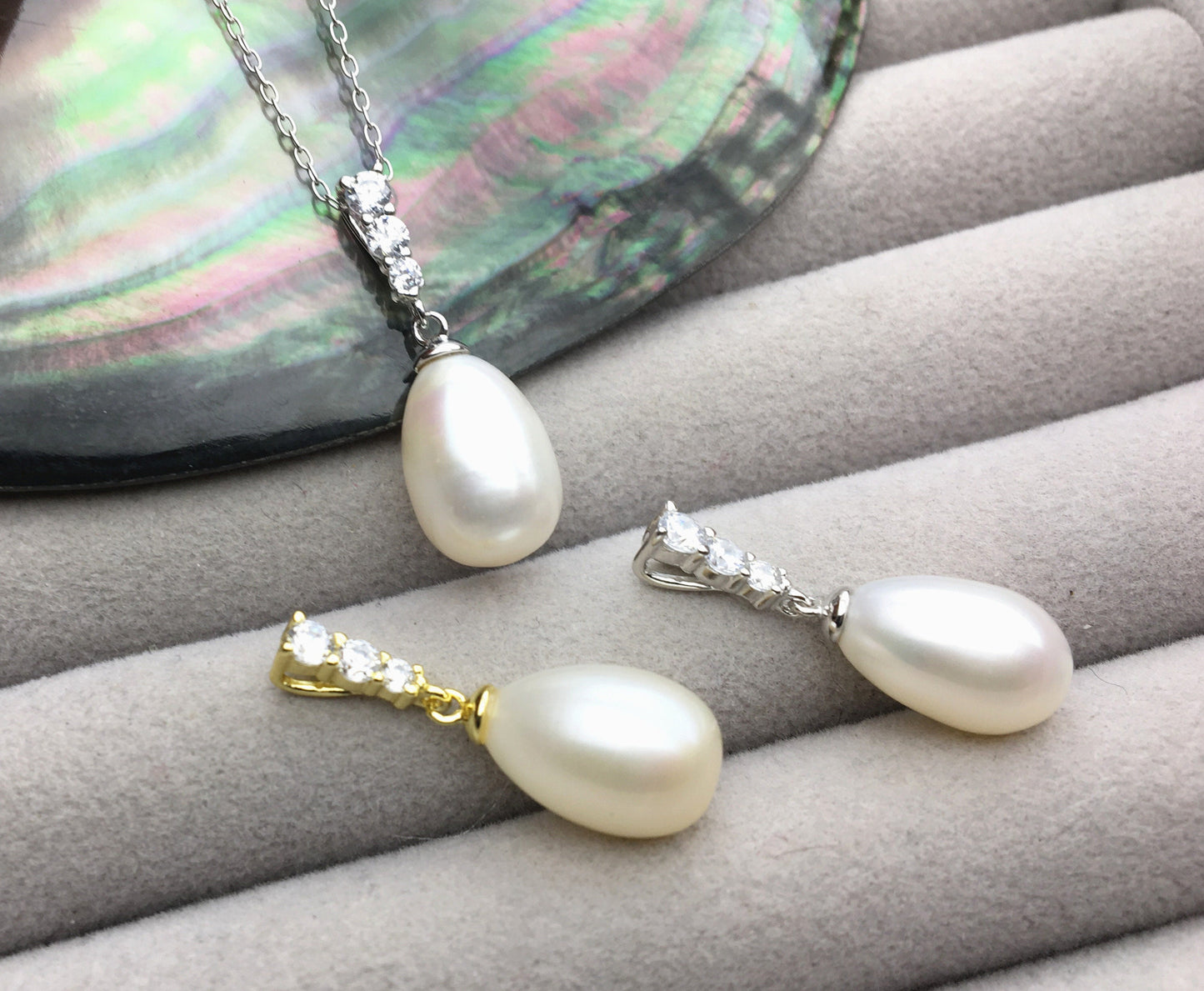 AAA white rice pearl Minimalist cz pendant necklace,S925 Sterling silver pendant,white Pearl necklace - NC1-062