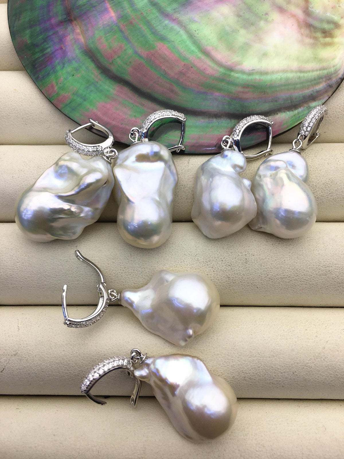 1 pair AAA 13-17mm white flame ball pearl diamond hook earrings,sterling silver,earring with white baroque Natural Pearl,SE3-031-19