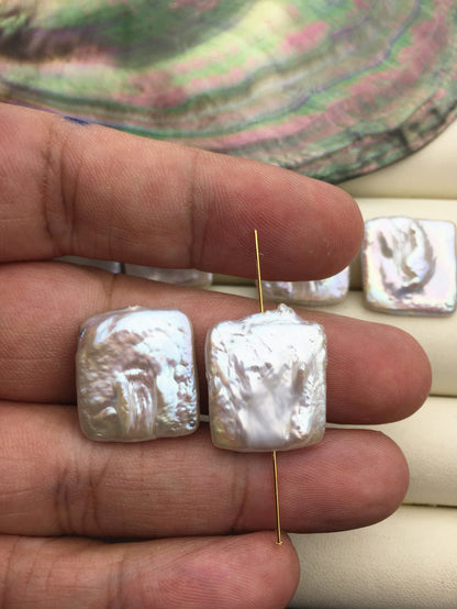 1 pair AA+ 18-20x18-21mm Big White Rectangle Freshwater Pearl White loose Beads Pair,0.9mm through hole,ZS-103-37-64