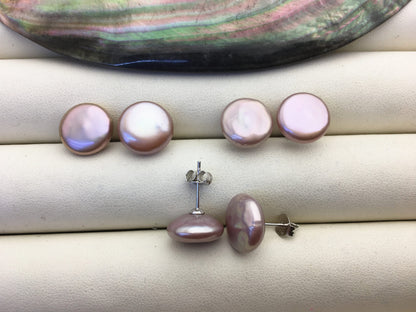 1 pair AAA 11-12.5mm Purple Coin Fresh Water pearl stud earrings,S925 Sterling Silver,dangle pearl earrings,SE3-T29