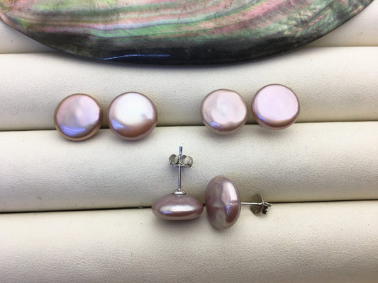 1 pair AAA 11-12.5mm Purple Coin Fresh Water pearl stud earrings,S925 Sterling Silver,dangle pearl earrings,SE3-T29