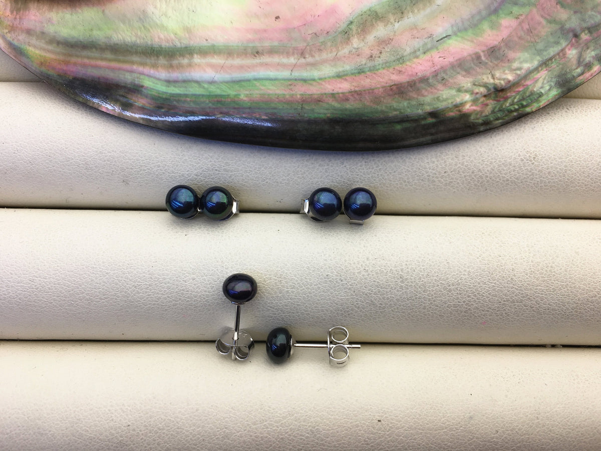 AAA 5-5.5mm tiny deep blue black pearl stud earrings,Sterling Silver,SE1-T26