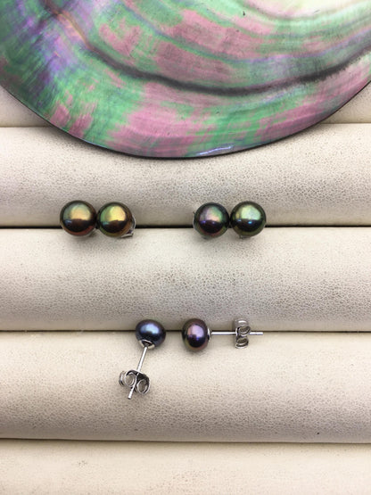 1 pair AAA 6.5-7mm peacock Pearl stud earrings,Sterling Silver,SE1-T5