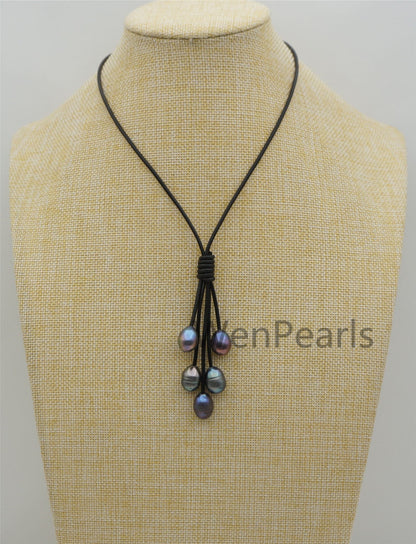 Five Deep Blue Gray Rice Pearl Leather necklace, Green Freshwater pearl, Birthday,Black Leather Pearl necklace,Select leather color,Le4-076