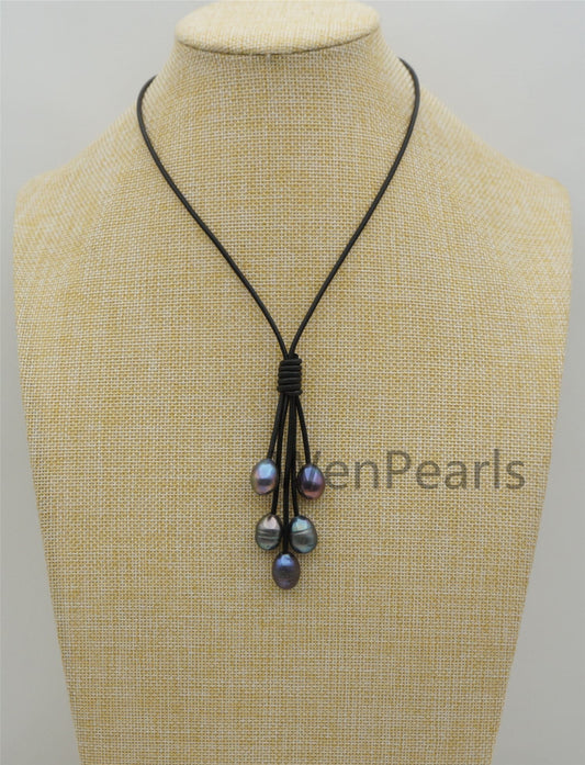 Five Deep Blue Gray Rice Pearl Leather necklace, Green Freshwater pearl, Birthday,Black Leather Pearl necklace,Select leather color,Le4-076