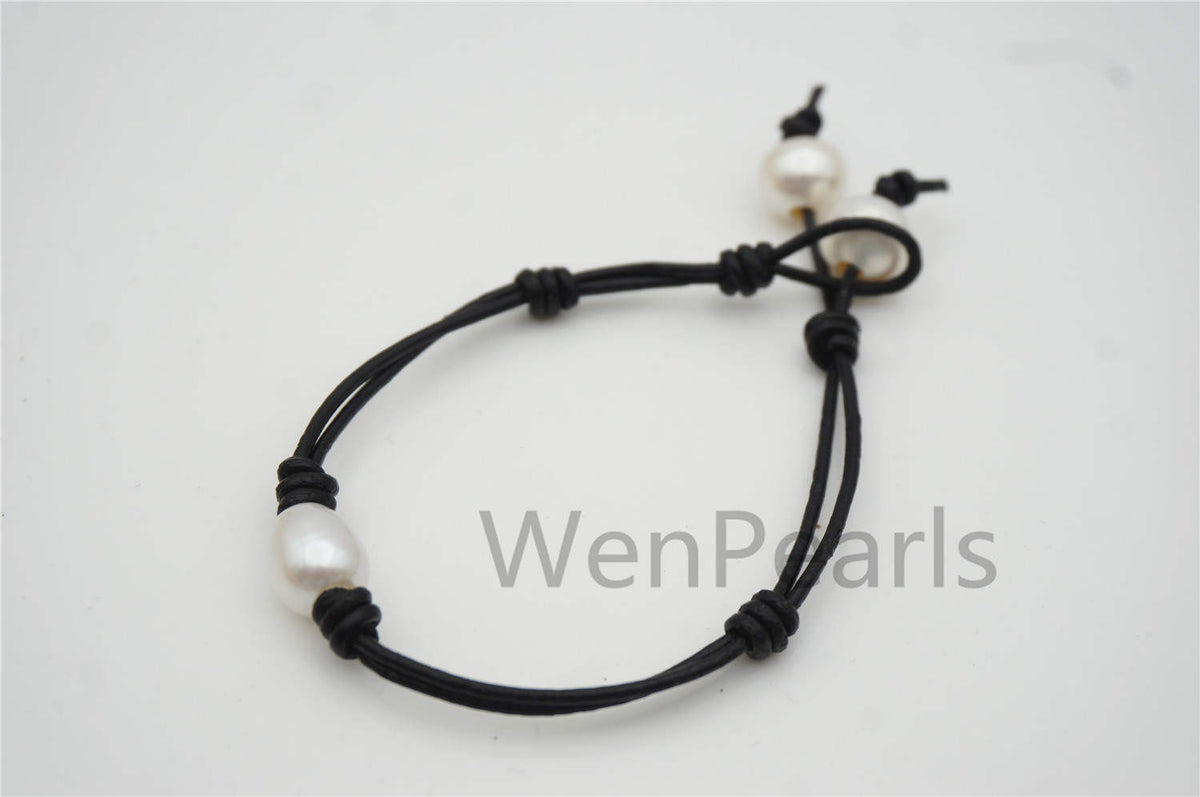 lovely rice pearl Leather Pearls Bracelet - plait leather bracelet - Select Leather Color - Genuine freshwater pearl - Le7-103