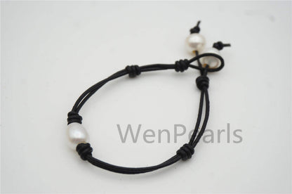 lovely rice pearl Leather Pearls Bracelet - plait leather bracelet - Select Leather Color - Genuine freshwater pearl - Le7-103