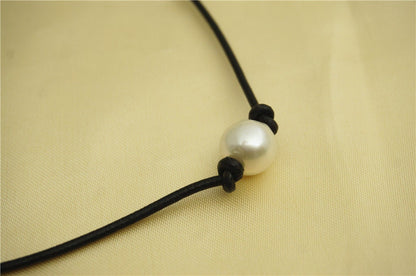 12mm big Round pearl necklace,Leather Pearl Choker, Pearl Leather Necklace, White Freshwater pearl, Black Leather Pearl necklace,Le1-030