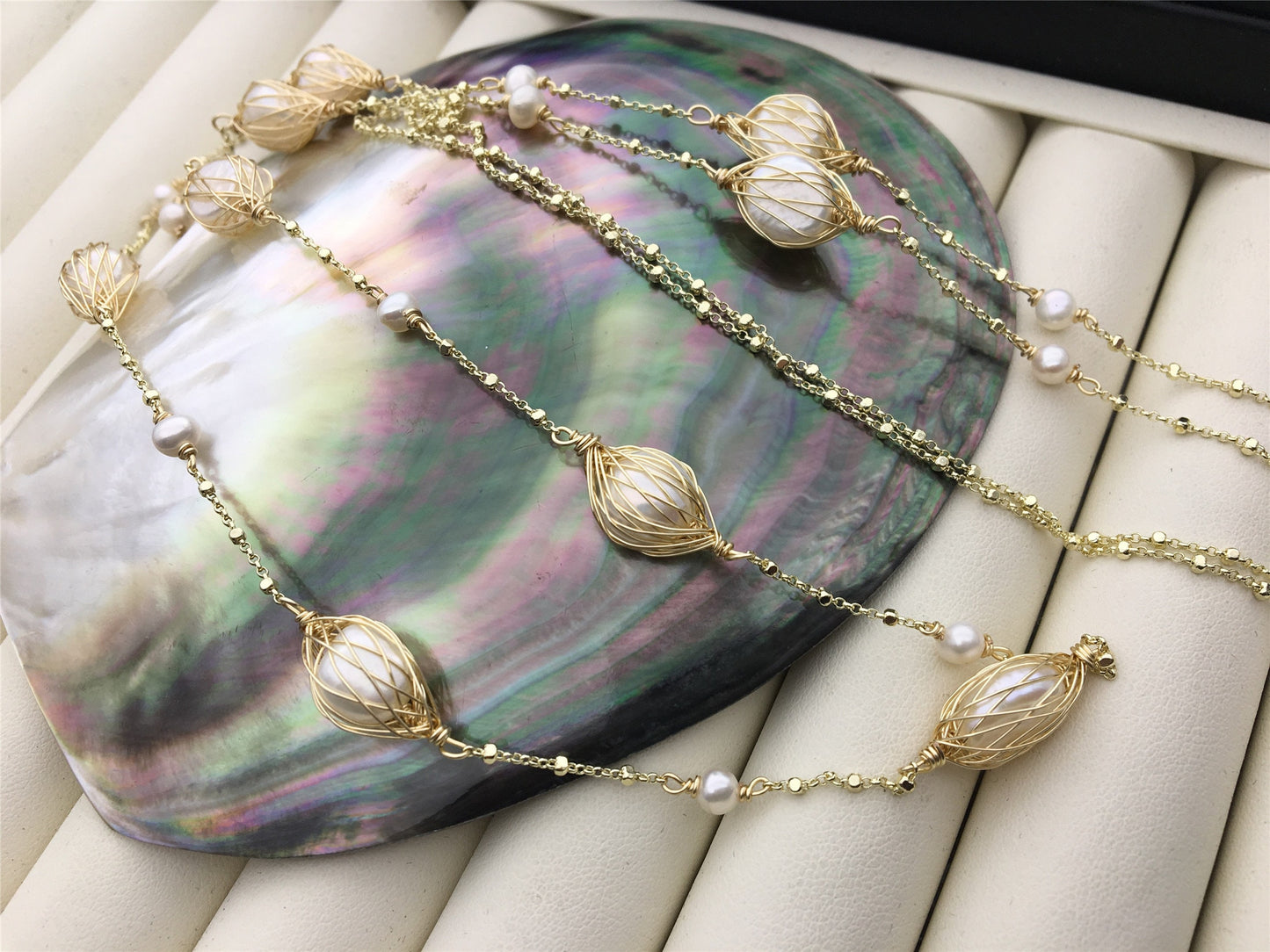 42'' white freshwater pearl gold chain necklace,NC1-039