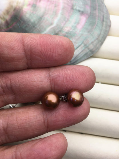 1 pair AAA 10-11mm Brown Button Round Pearl Stud Earrings,Sterling Silver,Wedding,classic pearl studs,SE1-T46