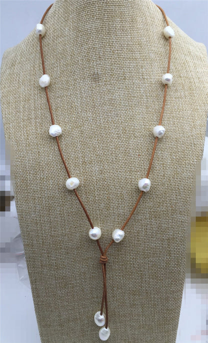 Freshwater Pearl and Leather Lariat Necklace, Light Brwon Leather Pearl necklace, Leather baroque pearl necklace,Le1-034