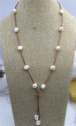 Freshwater Pearl and Leather Lariat Necklace, Light Brwon Leather Pearl necklace, Leather baroque pearl necklace,Le1-034