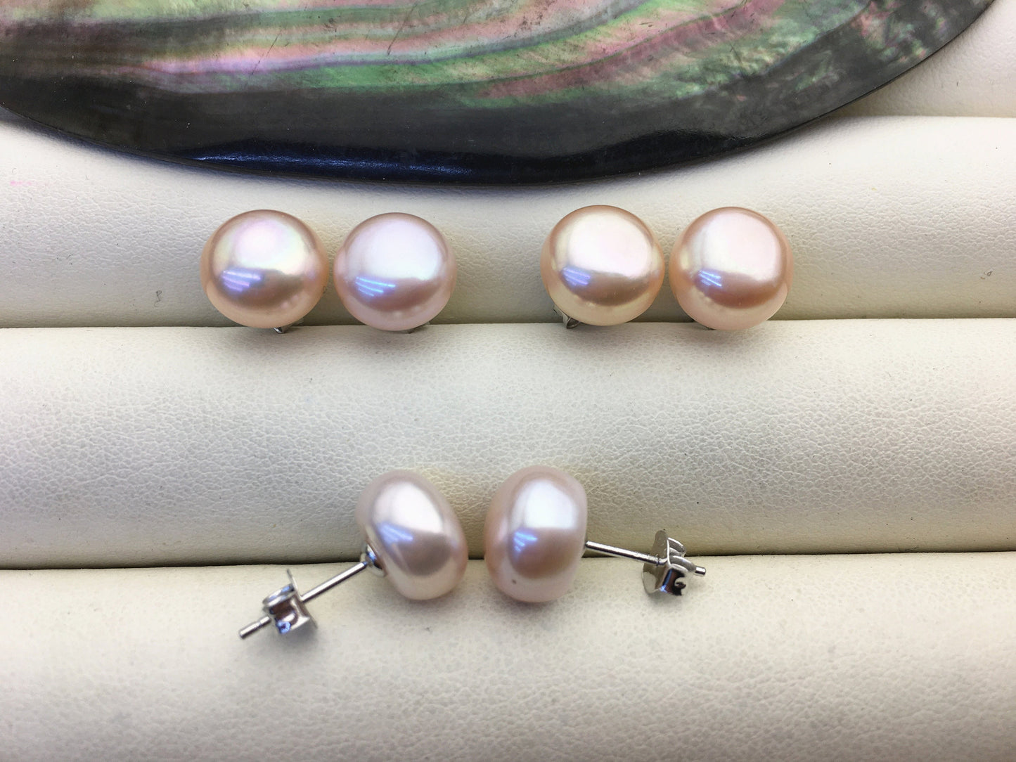 high luster!AAA 10-10.5mm purple rainbow button round pearl stud earrings - SE1-T41