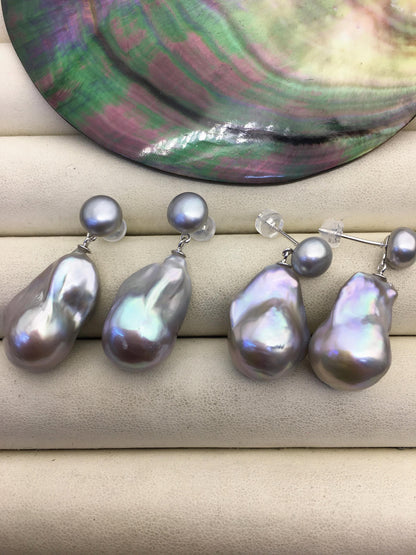 1 pair AAA 13-16mm gray flame ball pearl diamond stud earrings,sterling silver,earring with white baroque Natural Pearl,SE3-031-7