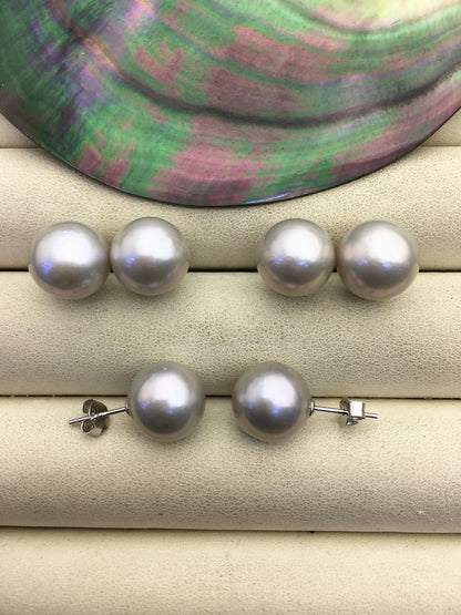 1 pair AAA 11-12mm gray round edison pearl stud earrings,S925 Sterling Sliver stud earrings,SE3-T9-63