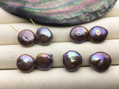 2 pairs AA+ 13-14mm Coin Purple Black Freshwater Pearl Brown loose Beads Piar,wholesale,ZS-103-49