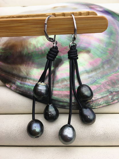 HandMade Real Tahitian Sea Pearl and Leather dangle Earrings- Real leather - Select Leather Color - Le51-005